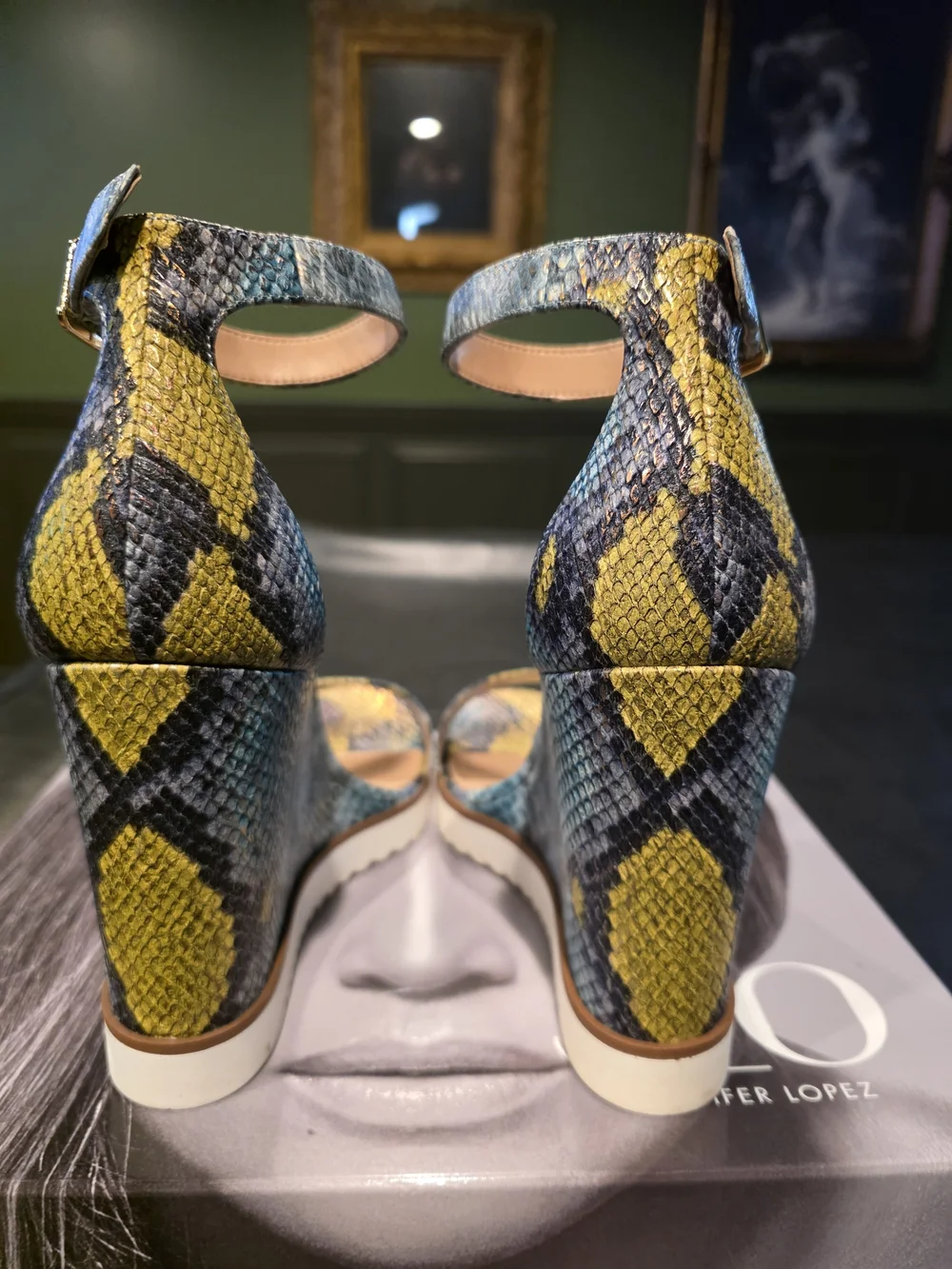 Jennifer Lopez Blue and Yellow Snake-Print Wedge Sandals